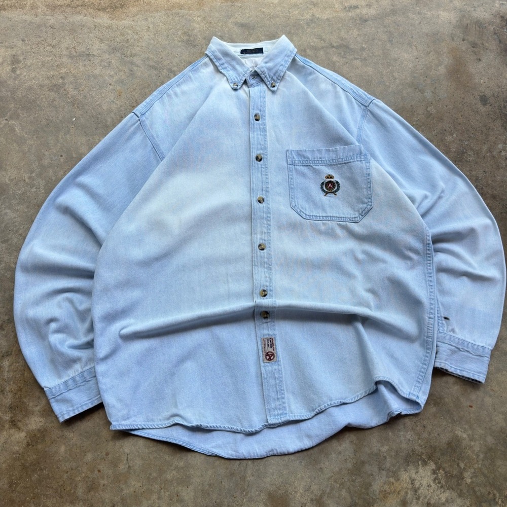 Vintage 90s Chaps Ralph Lauren Style Denim Shirt Workwear Light Wash Size M f7 - Picture 3 of 7